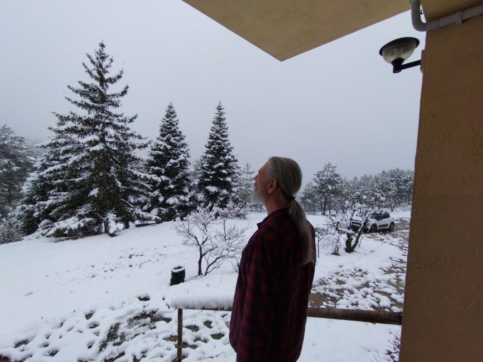 L'entorn nevat des del porxo de la casa